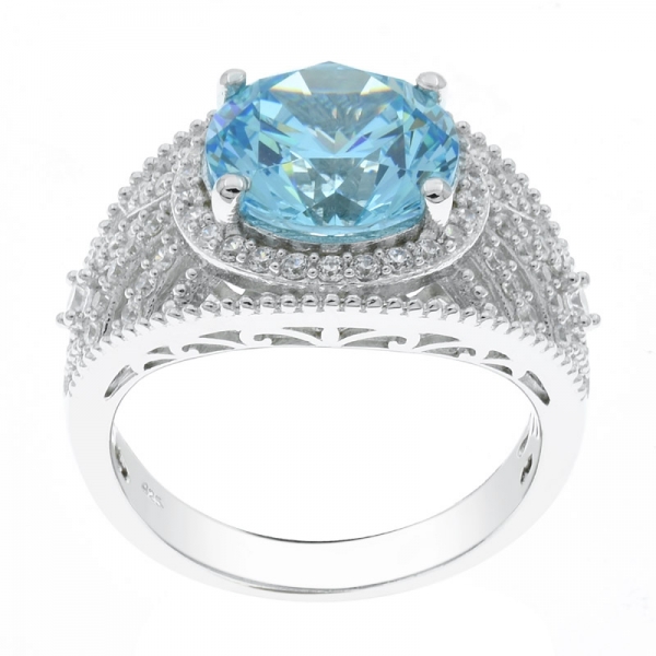 925 Sterling Silver Round Shape Halo Aqua Ladies Ring 