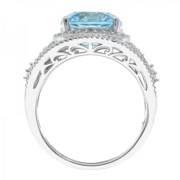 925 Sterling Silver Round Shape Halo Aqua Ladies Ring 