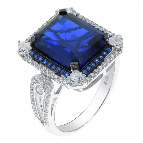 Stylish Fashion 925 Silver Emerald Cut Blue Nano Ring 