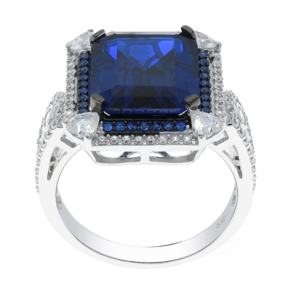 Stylish Fashion 925 Silver Emerald Cut Blue Nano Ring 