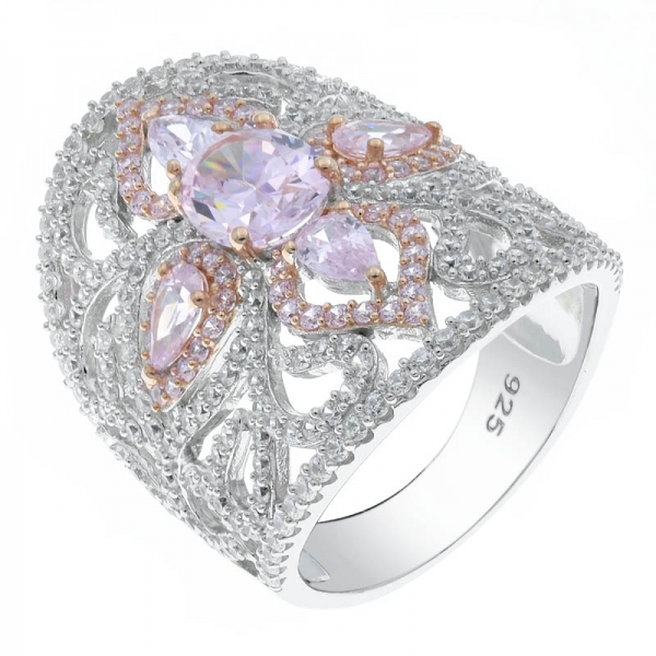 925 Sterling Silver Filigree Diamond Pink CZ Ring 