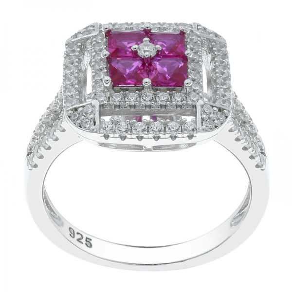 Wholesale 925 Silver Double Square Halo Ring With Red Corundum 