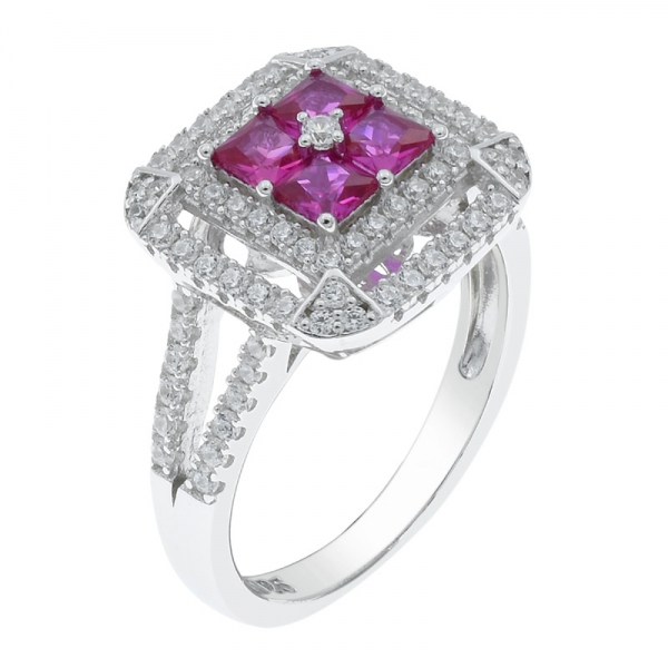Wholesale 925 Silver Double Square Halo Ring With Red Corundum 