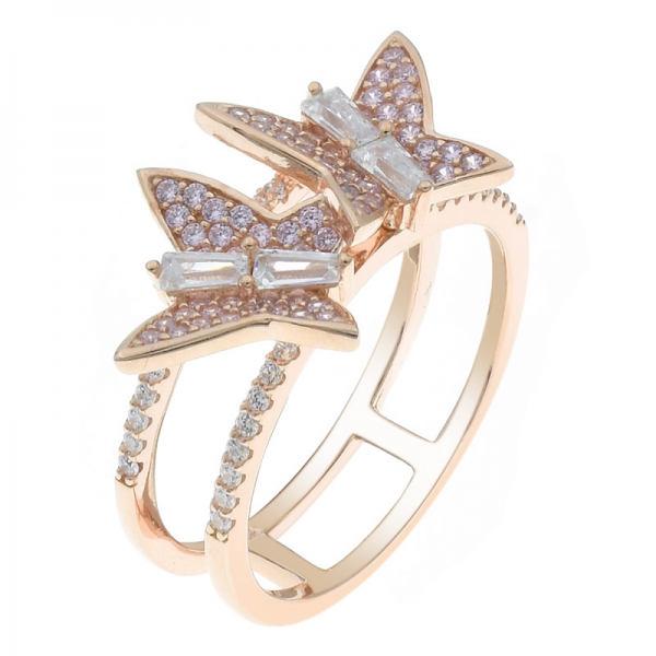 925 Sterling Silver Double Butterfly Two Lines Ring 