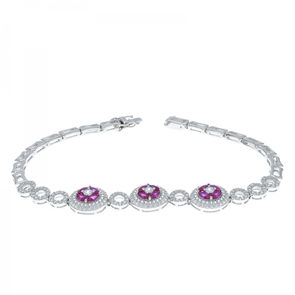 925 Sterling Silver Red Corundum Triple Cluster Bracelet 