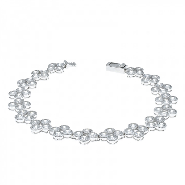 China 925 Sterling Silver White CZ Clover Bracelet 