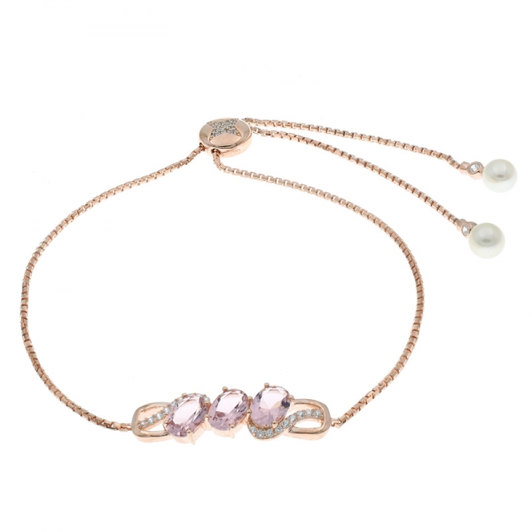 925 Sterling Silver Morganite Nano Bar Bolo Bracelet With Pearl 