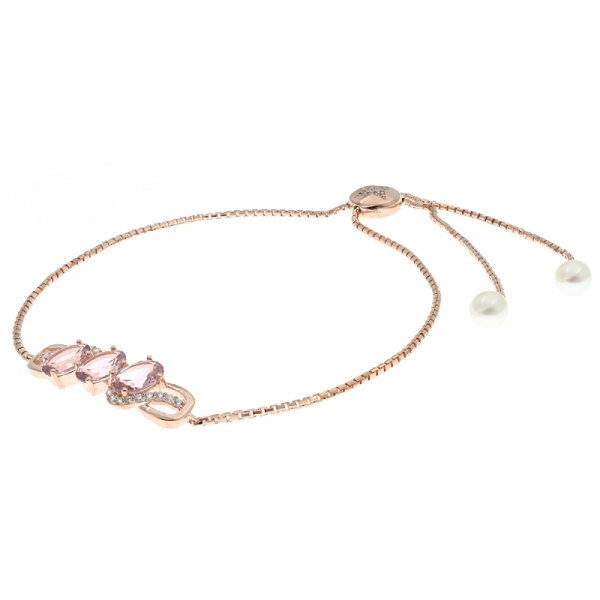 925 Sterling Silver Morganite Nano Bar Bolo Bracelet With Pearl 