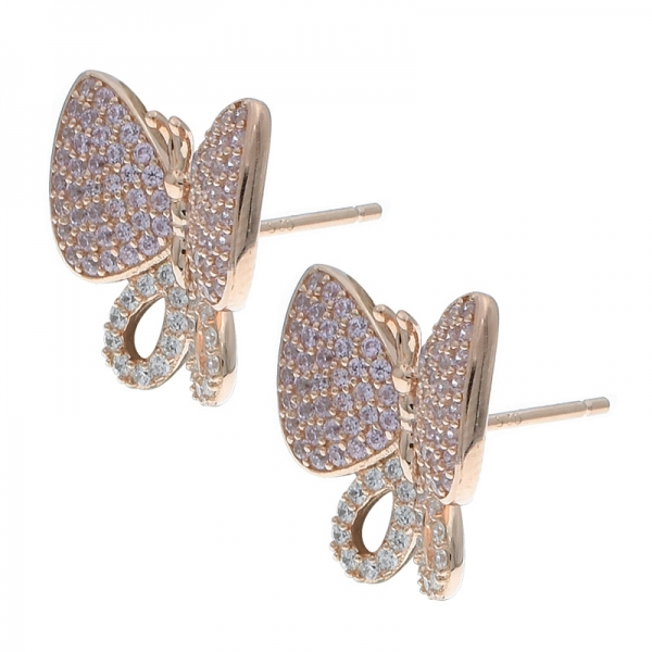China 925 Sterling Silver Butterfly Pink CZ Earrings 