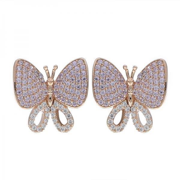 China 925 Sterling Silver Butterfly Pink CZ Earrings 