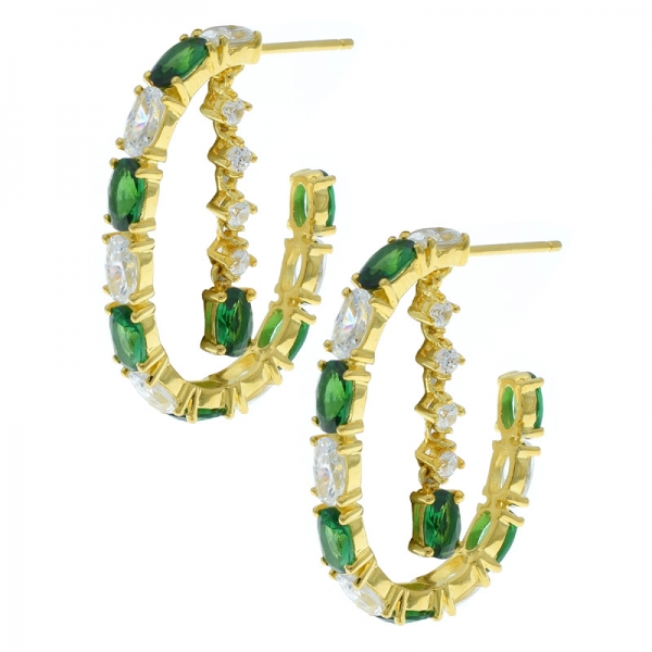 China 925 Sterling Silver Alternating Green Nano & White CZ Earrings 