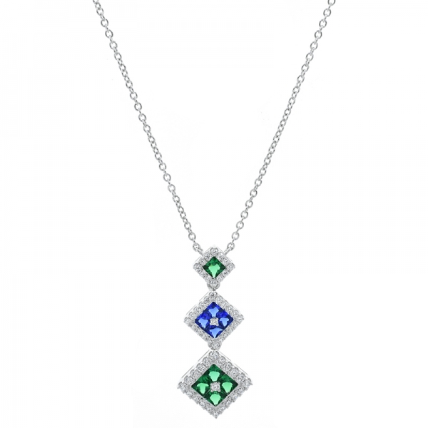 China 925 Sterling Silver Drop Necklace With Green Nano & Blue Nano 