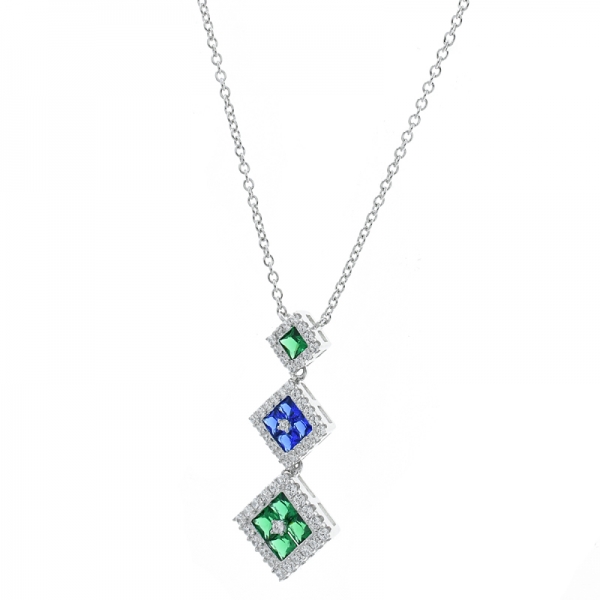 China 925 Sterling Silver Drop Necklace With Green Nano & Blue Nano 