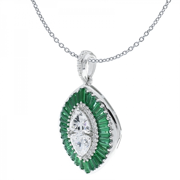 China Silver Rhombus Baguette Pendant With Green Nano & White CZ 