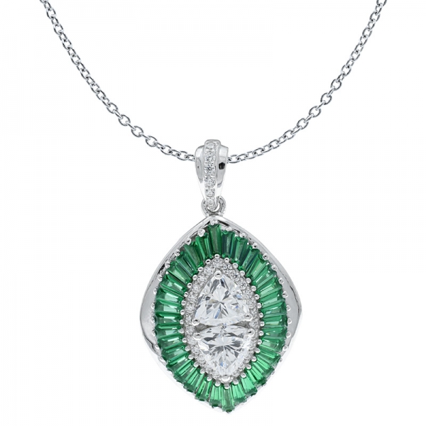 China Silver Rhombus Baguette Pendant With Green Nano & White CZ 