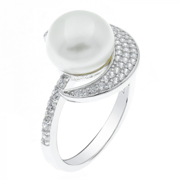 China 925 Sterling Silver Pearl Crescent Moon Ring 