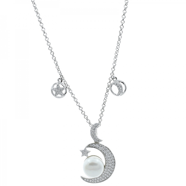 China 925 Sterling Silver Crescent Moon Star Pearl Necklace 