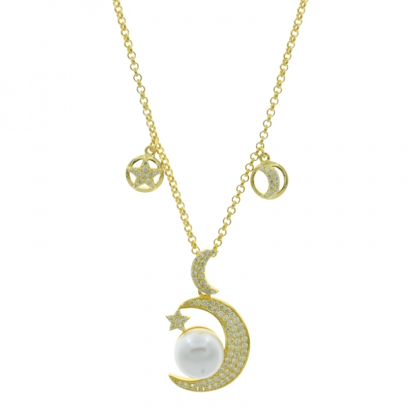 China 925 Sterling Silver Crescent Moon Star Pearl Necklace 