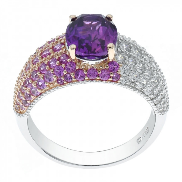 China 925 Sterling Silver Two Tone Plated Amethyst CZ Jewelry Ring 