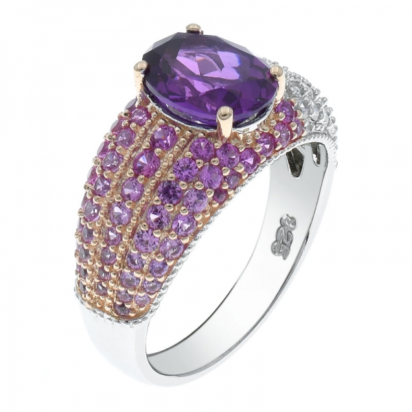 China 925 Sterling Silver Two Tone Plated Amethyst CZ Jewelry Ring 