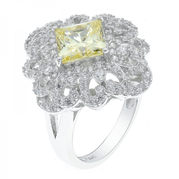 China 925 Sterling Silver Filigree Diamond Yellow CZ Ring 