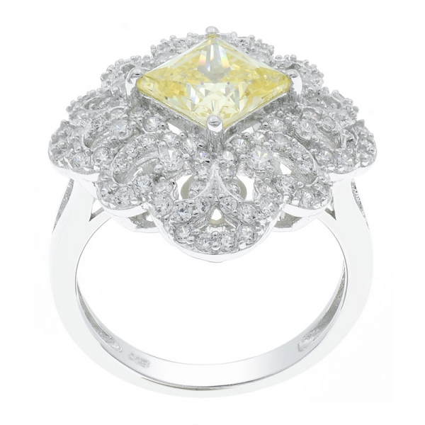 China 925 Sterling Silver Filigree Diamond Yellow CZ Ring 