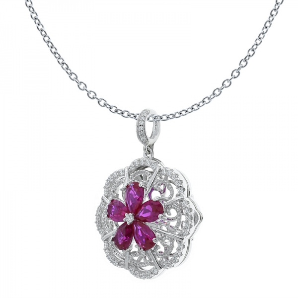 China 925 Sterling Silver Flower Red Corundum Locket Pendant 