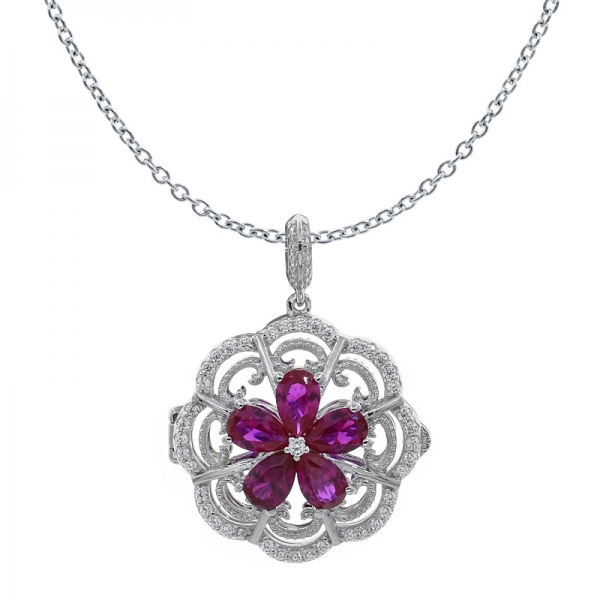 China 925 Sterling Silver Flower Red Corundum Locket Pendant 