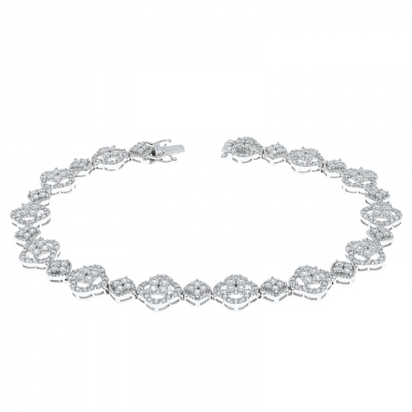 Unique Silver Alternating Open Clover Bracelet With White CZ 