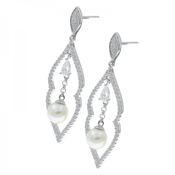 Classic 925 Sterling Silver Open Drop Pearl Earrings With Clear Stones 