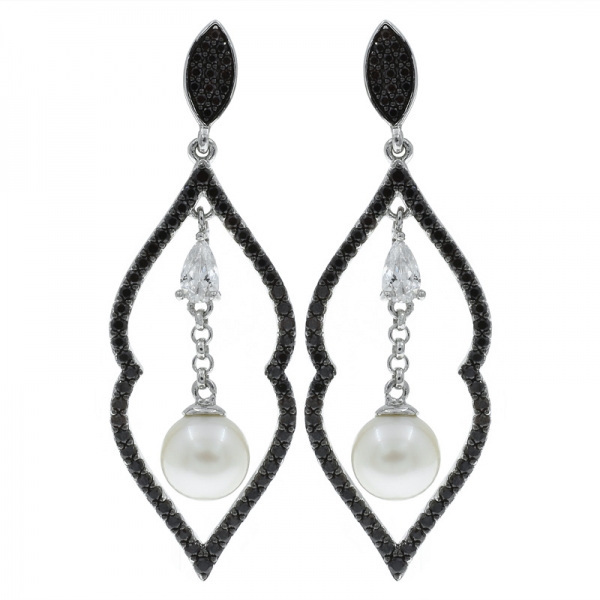 Classic 925 Sterling Silver Open Drop Pearl Earrings With Clear Stones 