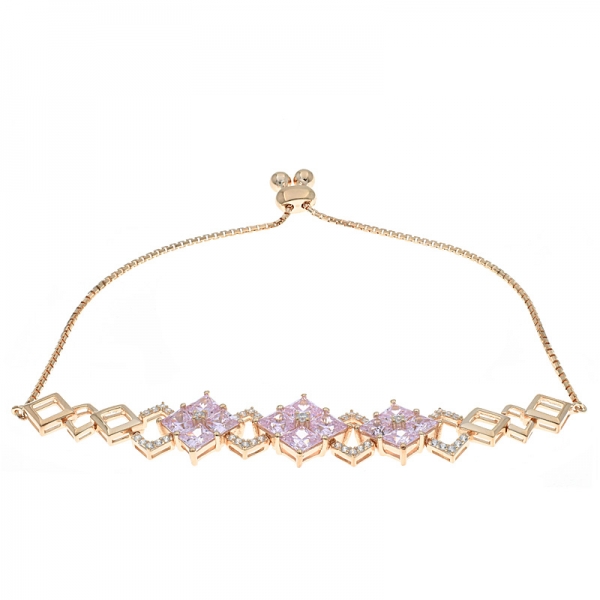 China 925 Sterling Silver Square Bolo Jewelry Bracelet With Pink CZ 