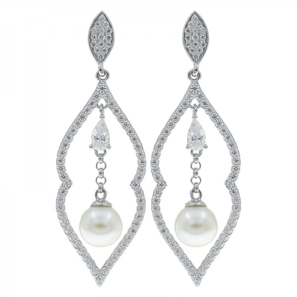 Classic 925 Sterling Silver Open Drop Pearl Earrings With Clear Stones 
