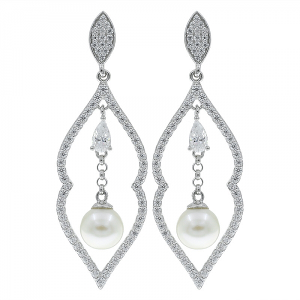 Classic 925 Sterling Silver Open Drop Pearl Earrings With Clear Stones 