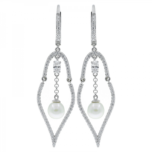 China 925 Sterling Silver Open Drop Pearl Earrings With Clear Stones 