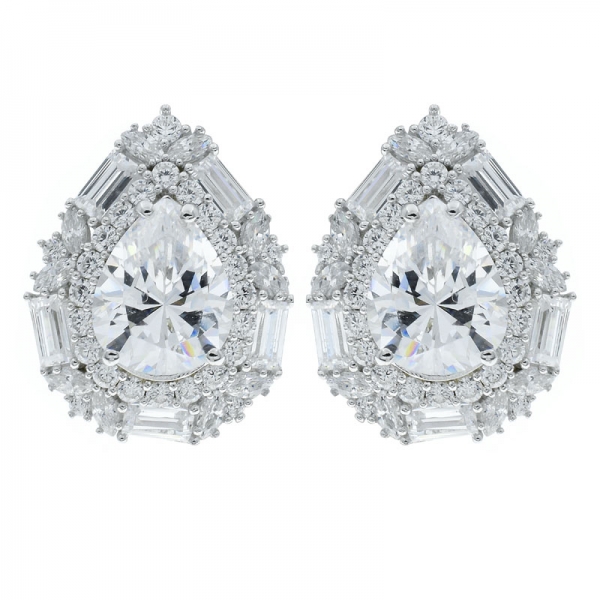 China 925 Sterling Silver Double Pear Shape White CZ Earrings 