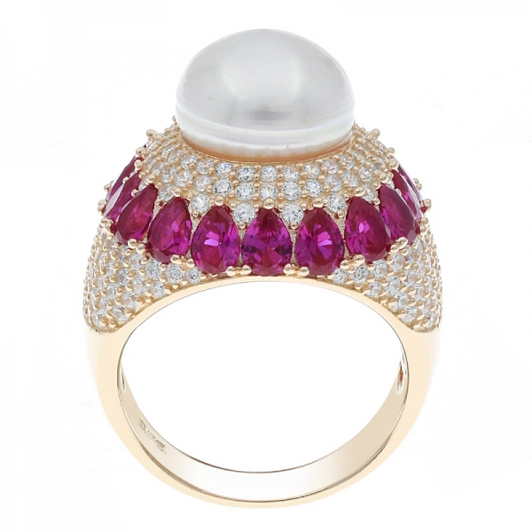 China 925 Sterling Silver Pearl Ring With Red Corundum 