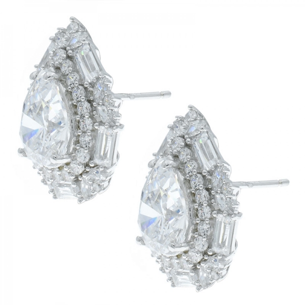 China 925 Sterling Silver Double Pear Shape White CZ Earrings 