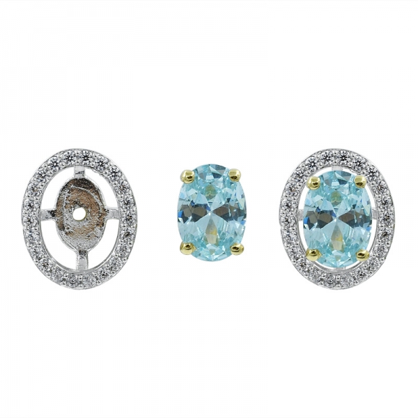 925 Sterling Silver Oval Aqua CZ Stud Earrings 