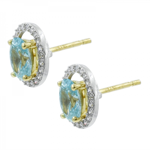 925 Sterling Silver Oval Aqua CZ Stud Earrings 