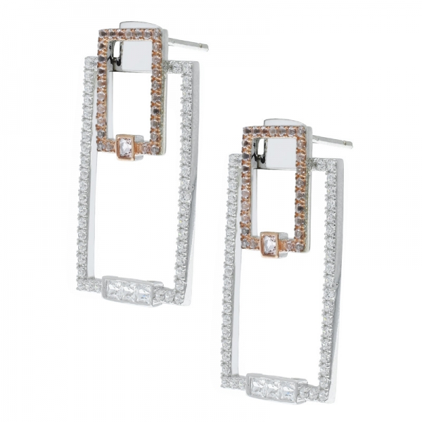 925 Sterling Silver Fashionable Double Rectangle Earrings For Ladies 