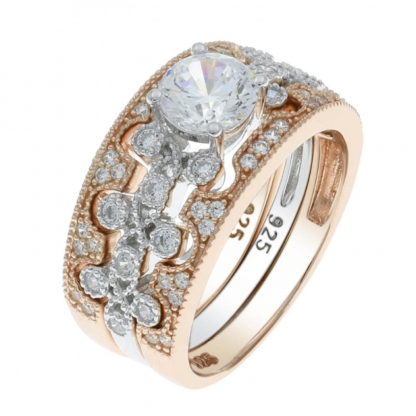 925 Silver Two Tone Plated Ring Set Jewelry With Clear Stones 