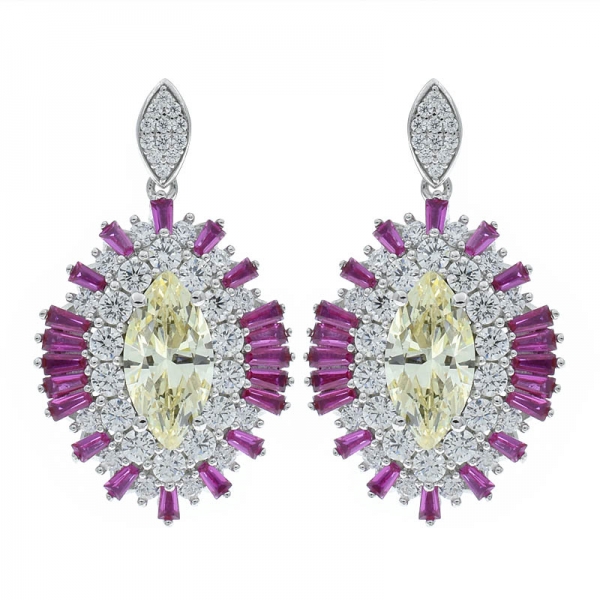 925 Silver Double Halo Marquise Shape Diamond Yellow CZ Earrings 
