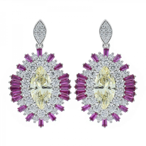 925 Silver Double Halo Marquise Shape Diamond Yellow CZ Earrings 