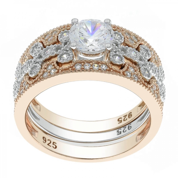 925 Silver Two Tone Plated Ring Set Jewelry With Clear Stones 