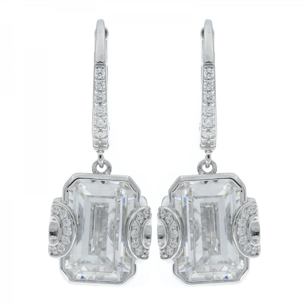 925 Sterling Silver Emerald Cut Clear Stones Earrings Jewelry 