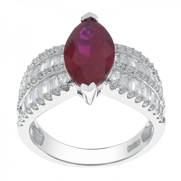 925 Silver Baguette Jewelry Ring With Marquise Shape Red Corundum 