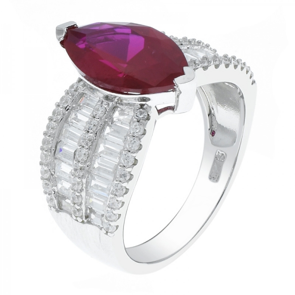925 Silver Baguette Jewelry Ring With Marquise Shape Red Corundum 