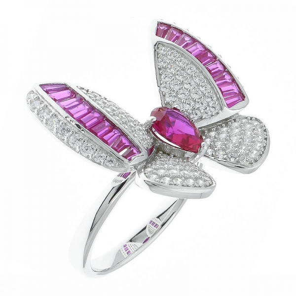Nice Handcrafted 925 Silver Butterfly Ring With Red Corundum 