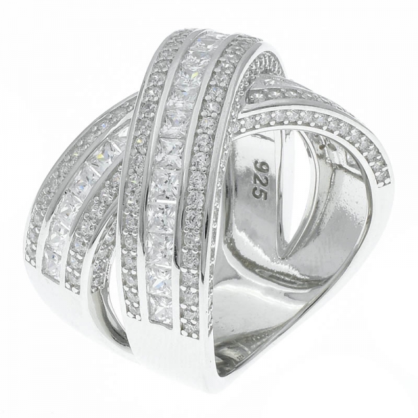 925 Sterling Silver Criss Cross Ring Jewelry With Clear Stones 